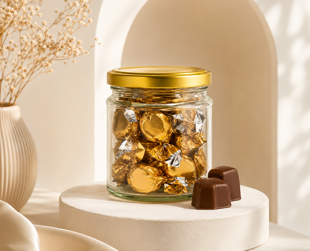Glass jar with chocolates
